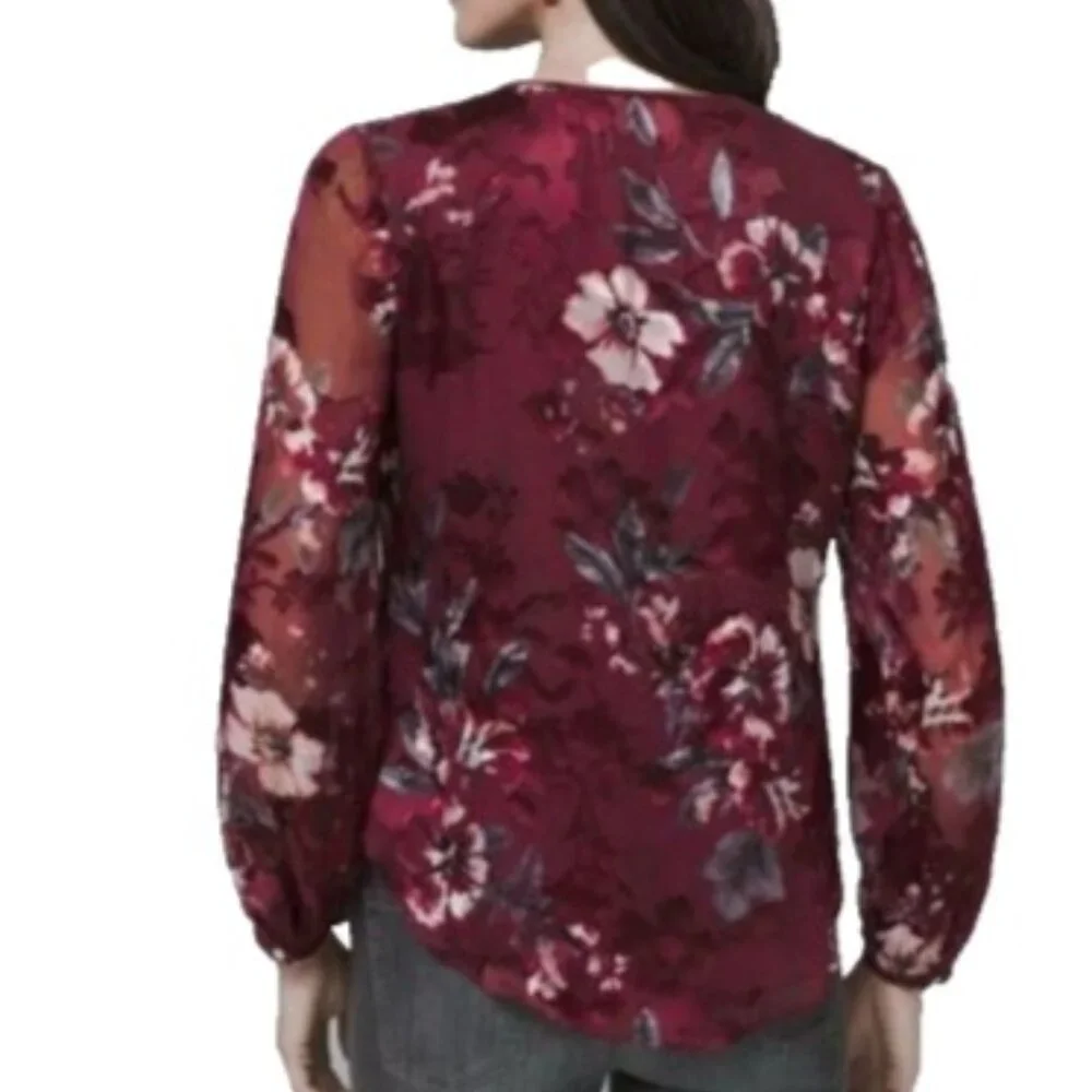 White House Black Market Blouse Women 16 Silk Blend Burgundy Long Sleeve - Picture 3 of 16